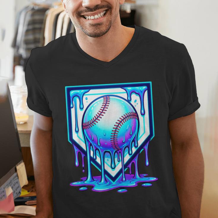 Baseball Drip Ice Cream Blue Glow Melt Ball Graphic Men's V-Neck T-Shirt Baseball Drip Ice Cream Blue Glow Melt Ball Graphic Men's V-Neck T-Shirt