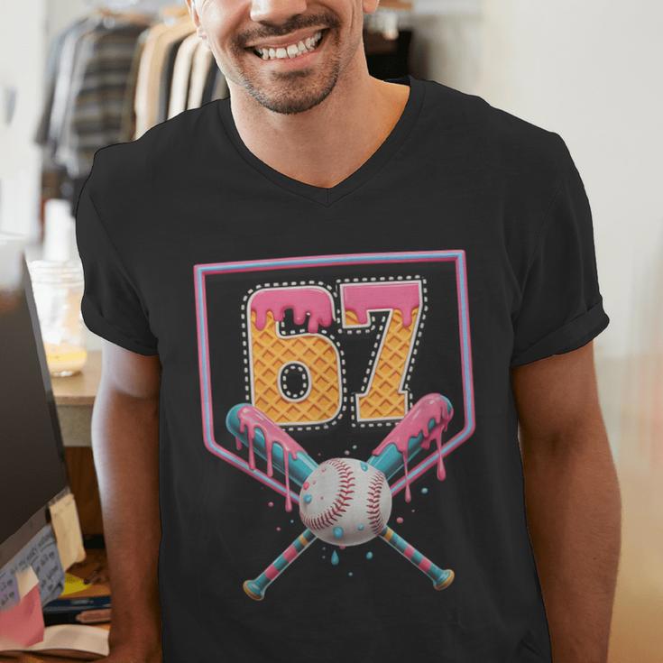 Baseball Drip Number 67 Fun Six Seven 6 7 Meme Men's V-Neck T-Shirt Baseball Drip Number 67 Fun Six Seven 6 7 Meme Men's V-Neck T-Shirt