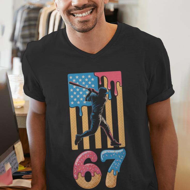 Baseball Drip USA Flag 67 Player 67th Birthday Ice Cream 67 Men's V-Neck T-Shirt Baseball Drip USA Flag 67 Player 67th Birthday Ice Cream 67 Men's V-Neck T-Shirt