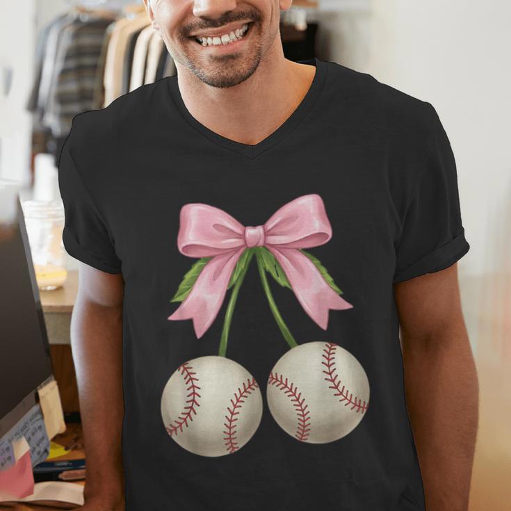 Baseball Girls Women Coquette Pink Bow Baseball Men's V-Neck T-Shirt Baseball Girls Women Coquette Pink Bow Baseball Men's V-Neck T-Shirt
