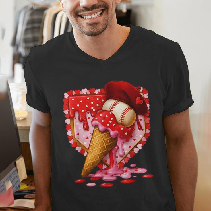Baseball Heart Valentine Baseball Ice Cream Drip Boys Girls Men's V-Neck T-Shirt