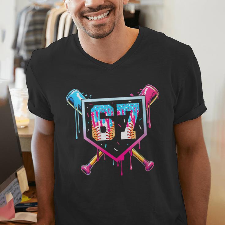 Baseball Ice Cream Drip Number 67 Player 67th Birthday Men's V-Neck T-Shirt
