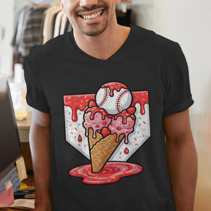 Baseball Ice Cream Drip Baseball Strawberry For Youth Red Men's V-Neck T-Shirt