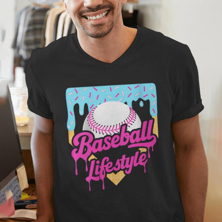 Baseball Life Lifestyle Home Plate Ice Cream Drip Men Boys Men's V-Neck T-Shirt Baseball Life Lifestyle Home Plate Ice Cream Drip Men Boys Men's V-Neck T-Shirt