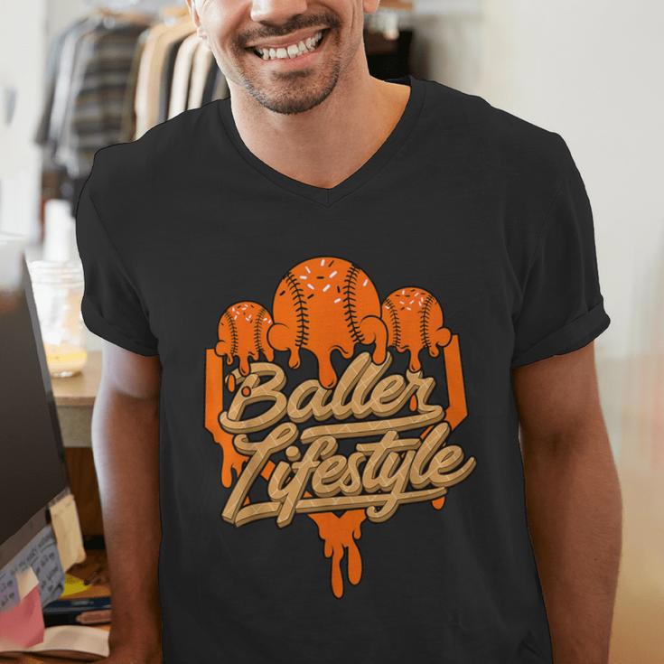 Baseball Lifestyle Home Plate Orange Ice Cream Drip Men Boys Men's V-Neck T-Shirt Baseball Lifestyle Home Plate Orange Ice Cream Drip Men Boys Men's V-Neck T-Shirt