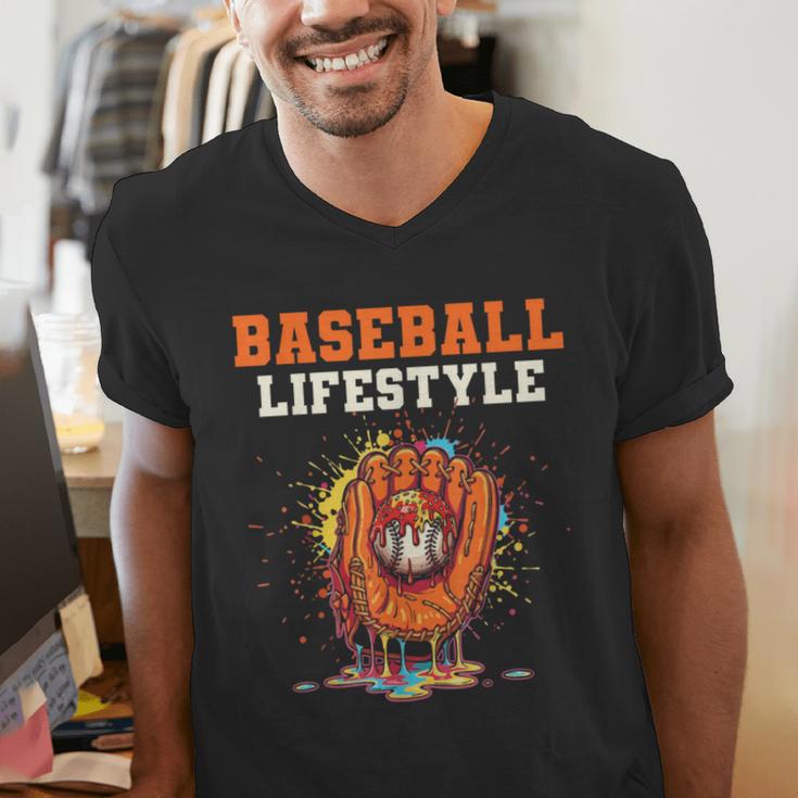Baseball Lifestyle Ice Cream Drip Baseball Glove Crossed Bat Men's V-Neck T-Shirt Baseball Lifestyle Ice Cream Drip Baseball Glove Crossed Bat Men's V-Neck T-Shirt