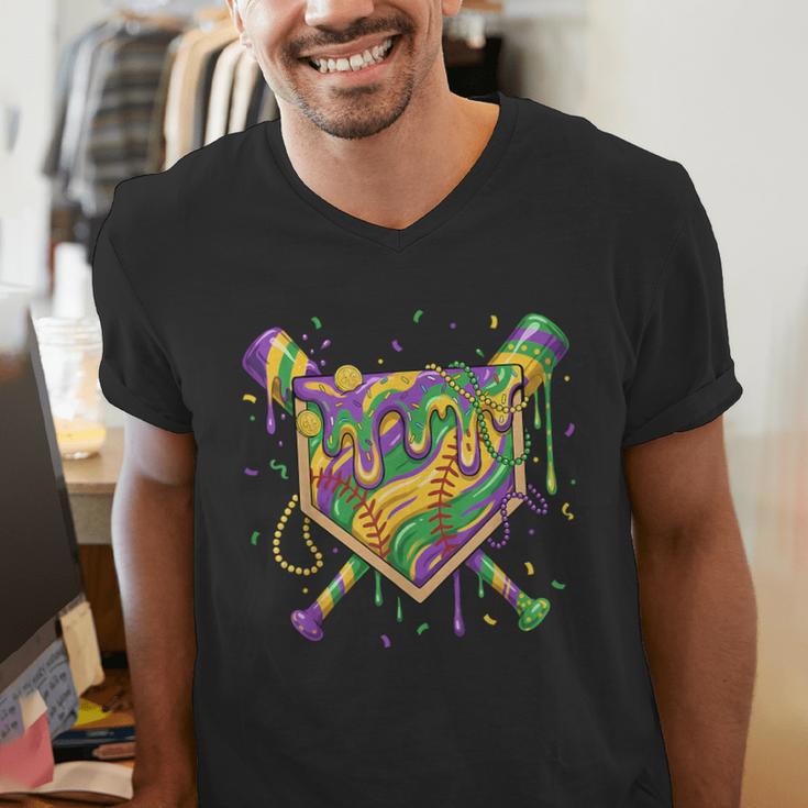 Baseball Mardi Gras Home Plate Ice Cream Drip Carnival Mask Men's V-Neck T-Shirt