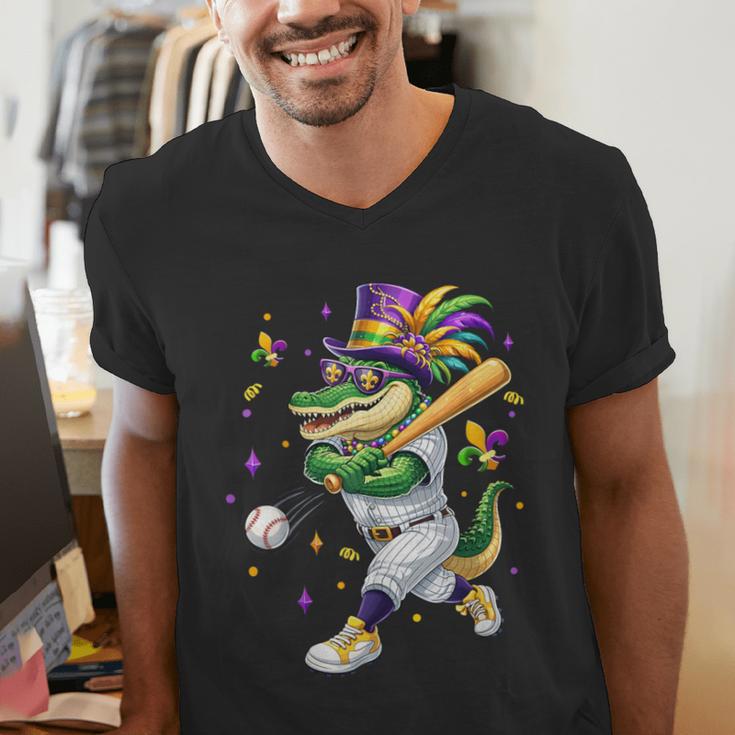 Baseball Player Mardi Gras Alligator Carnival Costume Beads Men's V-Neck T-Shirt Baseball Player Mardi Gras Alligator Carnival Costume Beads Men's V-Neck T-Shirt