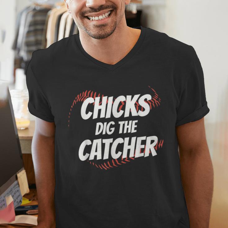 Baseball Seams Chicks Dig The Catcher Men's V-Neck T-Shirt Baseball Seams Chicks Dig The Catcher Men's V-Neck T-Shirt