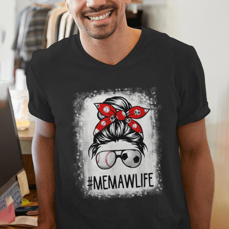 Bleached Memaw Life Soccer Messy Bun Baseball Game Day Men's V-Neck T-Shirt Bleached Memaw Life Soccer Messy Bun Baseball Game Day Men's V-Neck T-Shirt