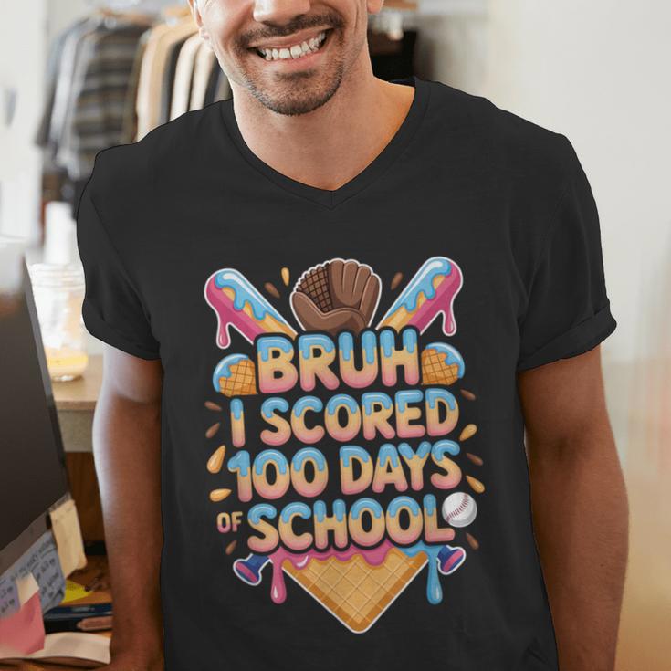 Bruh I Scored 100 Days Of School Baseball Ice Cream Drip Tee Men's V-Neck T-Shirt