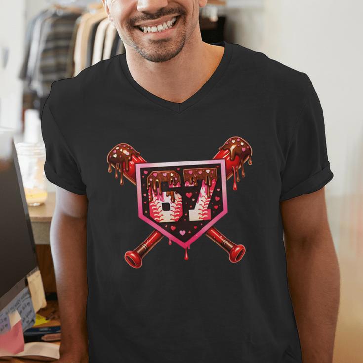Chocolate 67 Drip Baseball Valentine Love Sports Men's V-Neck T-Shirt Chocolate 67 Drip Baseball Valentine Love Sports Men's V-Neck T-Shirt