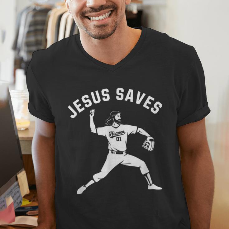 Christian Jesus Saves Baseball Pitcher Heaven 01 Sports Men's V-Neck T-Shirt