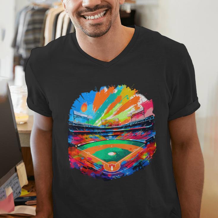 Colorful Baseball Field Home Run Baseball Player Fans Men's V-Neck T-Shirt Colorful Baseball Field Home Run Baseball Player Fans Men's V-Neck T-Shirt