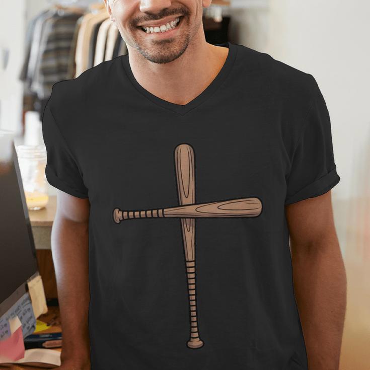 Cross Baseball Bats Christian Faith Sports Coach Pitcher Men's V-Neck T-Shirt Cross Baseball Bats Christian Faith Sports Coach Pitcher Men's V-Neck T-Shirt