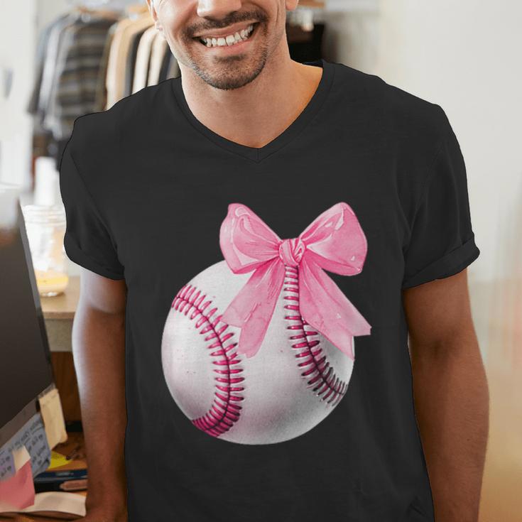 Cute Coquette Baseball Pink Bow Player & Fan Girls Men's V-Neck T-Shirt Cute Coquette Baseball Pink Bow Player & Fan Girls Men's V-Neck T-Shirt