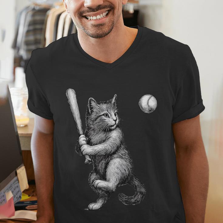 Cute Kitten Playing Baseball Hitter Bat Cool Baseball Cat Men's V-Neck T-Shirt Cute Kitten Playing Baseball Hitter Bat Cool Baseball Cat Men's V-Neck T-Shirt