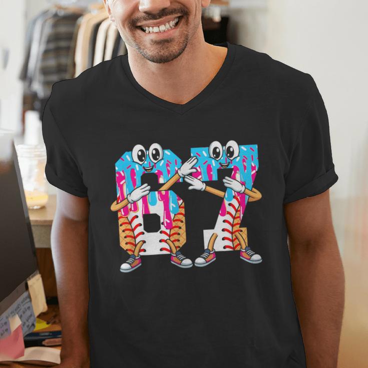 Dabbing Baseball Ice Cream Drip Number 67 Birthday Party Men's V-Neck T-Shirt