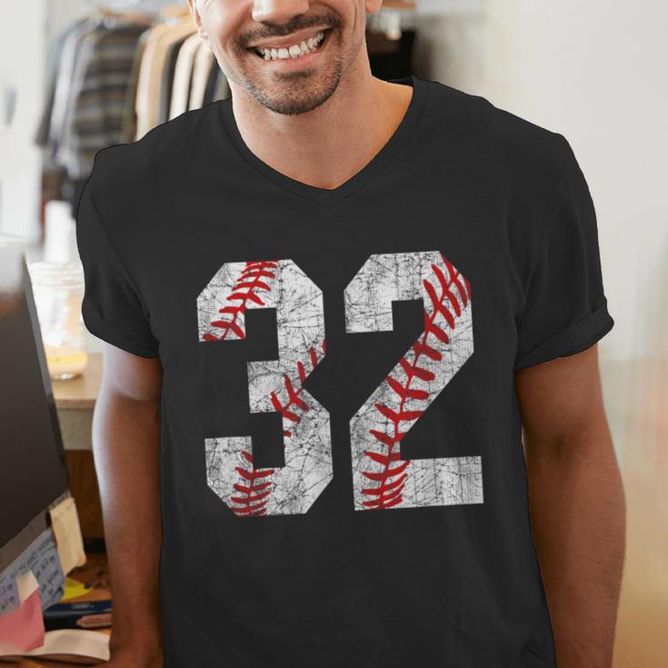 Distressed Baseball Number 32 Jersey Uniform Player Fan Men's V-Neck T-Shirt Distressed Baseball Number 32 Jersey Uniform Player Fan Men's V-Neck T-Shirt
