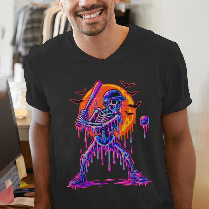 Drip Skeleton Batting Baseball Halloween Men's V-Neck T-Shirt
