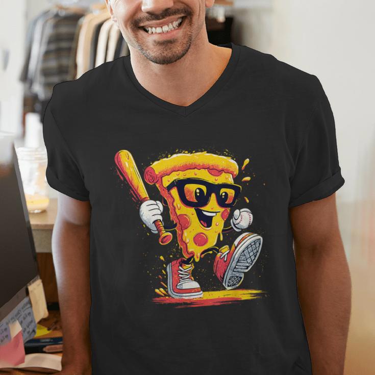 Drippy Pizza Baseball Slice Cartoon Sports Food Men's V-Neck T-Shirt