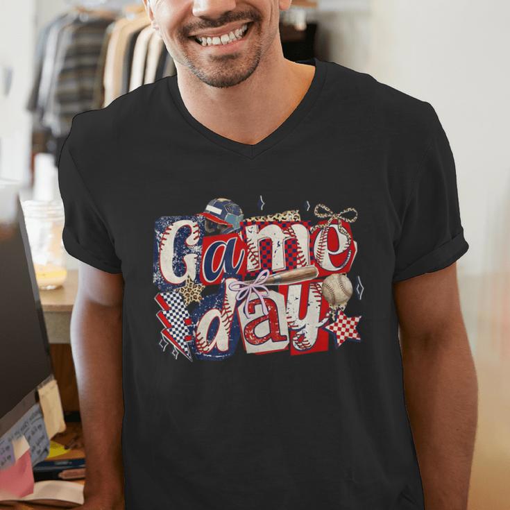 Game Day Baseball Leopard Coquette Bow Mama Mom Sister Men's V-Neck T-Shirt