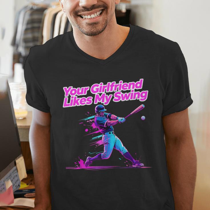 Your Girlfriend Likes My Swing Baseball Quote Boys Men Men's V-Neck T-Shirt Your Girlfriend Likes My Swing Baseball Quote Boys Men Men's V-Neck T-Shirt