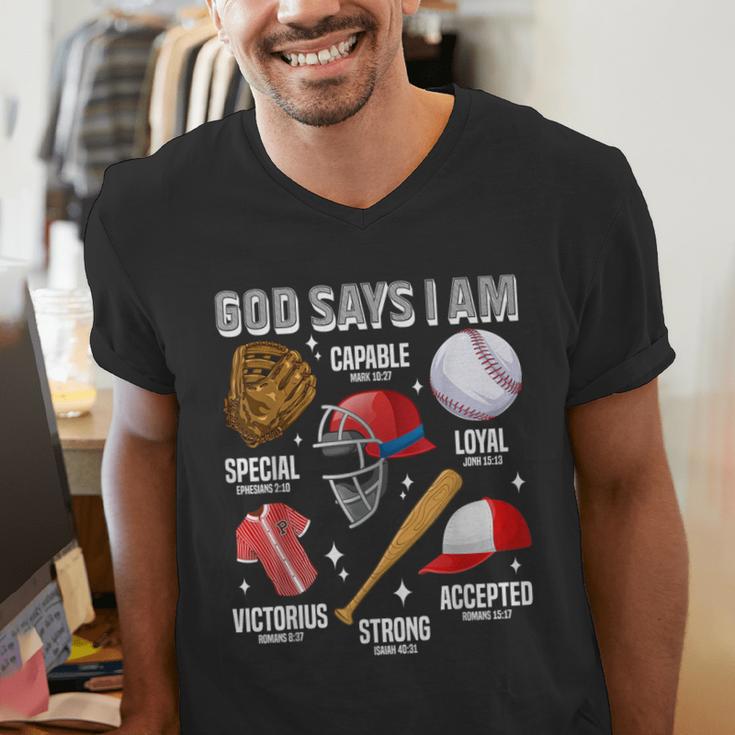 God Says I Am Baseball Player Catcher Pitcher Boys Men Men's V-Neck T-Shirt