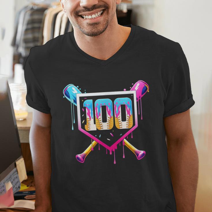 Happy 100 Days Of School Baseball Drip 100th Day Of School Men's V-Neck T-Shirt Happy 100 Days Of School Baseball Drip 100th Day Of School Men's V-Neck T-Shirt
