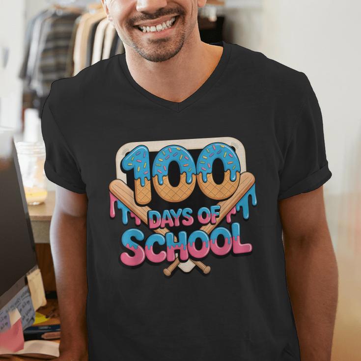 Happy 100 Days Of School Baseball Drip For Kids Teachers Men's V-Neck T-Shirt Happy 100 Days Of School Baseball Drip For Kids Teachers Men's V-Neck T-Shirt