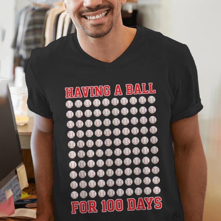 Having A Ball For 100 Days Of School 100th Baseball Men's V-Neck T-Shirt Having A Ball For 100 Days Of School 100th Baseball Men's V-Neck T-Shirt