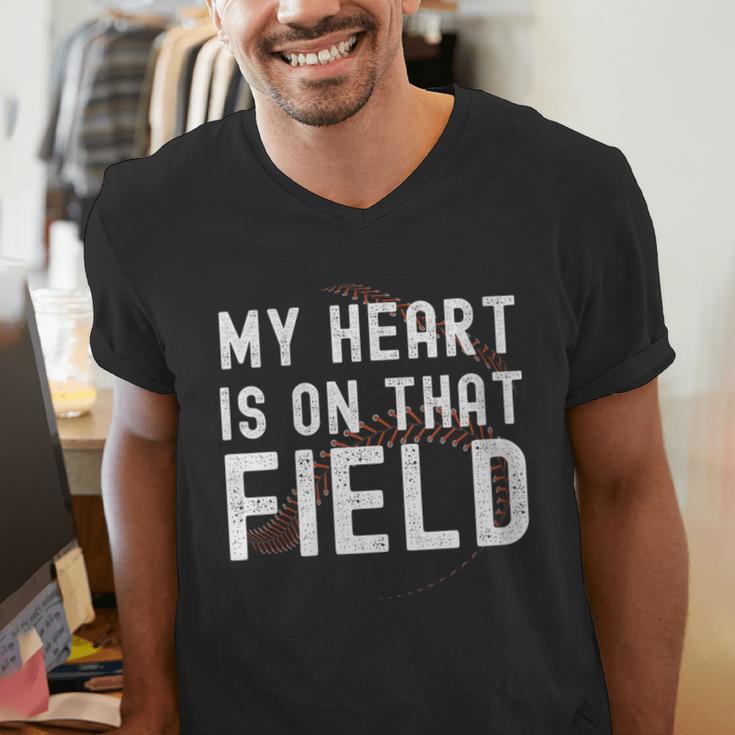 My Heart Is On That Field Baseball Softball Dad Father Men's V-Neck T-Shirt My Heart Is On That Field Baseball Softball Dad Father Men's V-Neck T-Shirt
