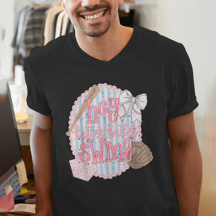 Hey Batter Batter Swing Baseball Game Day Coquette Bow Girly Men's V-Neck T-Shirt Hey Batter Batter Swing Baseball Game Day Coquette Bow Girly Men's V-Neck T-Shirt