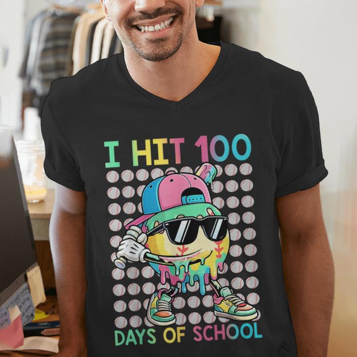 I Hit 100 Days Of School Baseball Drip 100th Day Of School Men's V-Neck T-Shirt I Hit 100 Days Of School Baseball Drip 100th Day Of School Men's V-Neck T-Shirt