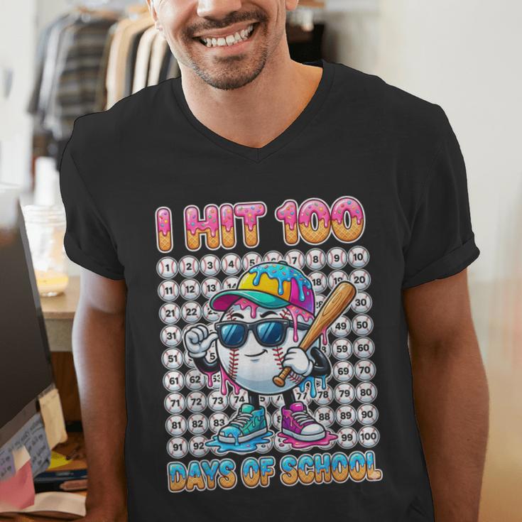 I Hit 100 Days Of School Baseball Ice Cram Drip 100th Boys Men's V-Neck T-Shirt
