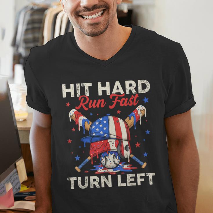 Hit Hard Run Fast Turn Left Baseball Cream Drip Crossed Bats Men's V-Neck T-Shirt