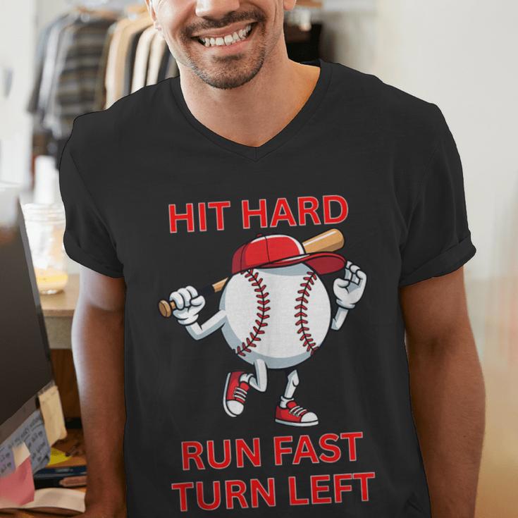 Hit Hard Run Fast Turn Left Baseball Player Men's V-Neck T-Shirt Hit Hard Run Fast Turn Left Baseball Player Men's V-Neck T-Shirt
