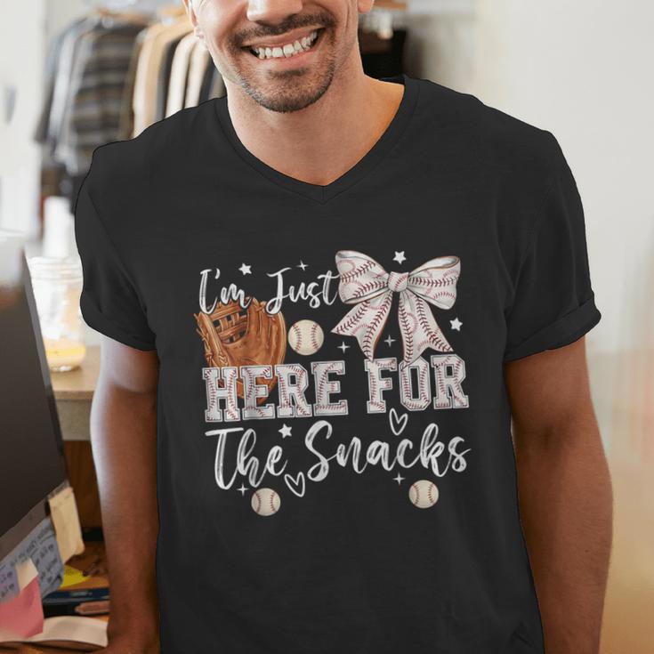 I'm Just Here For The Snacks Baseball Coquette Game Day Girl Men's V-Neck T-Shirt I'm Just Here For The Snacks Baseball Coquette Game Day Girl Men's V-Neck T-Shirt