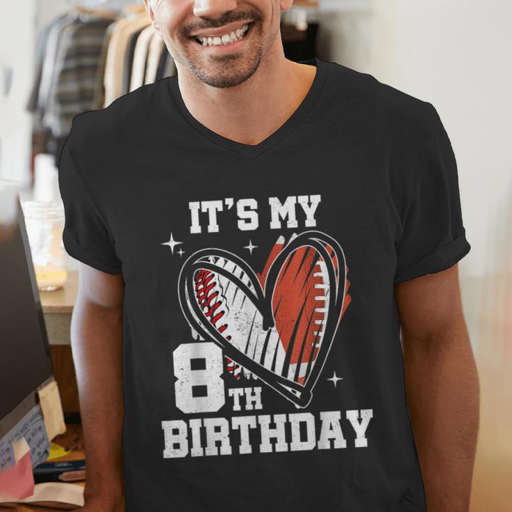 It's My 8th Birthday Baseball Football Heart 8 Year Old Men's V-Neck T-Shirt It's My 8th Birthday Baseball Football Heart 8 Year Old Men's V-Neck T-Shirt