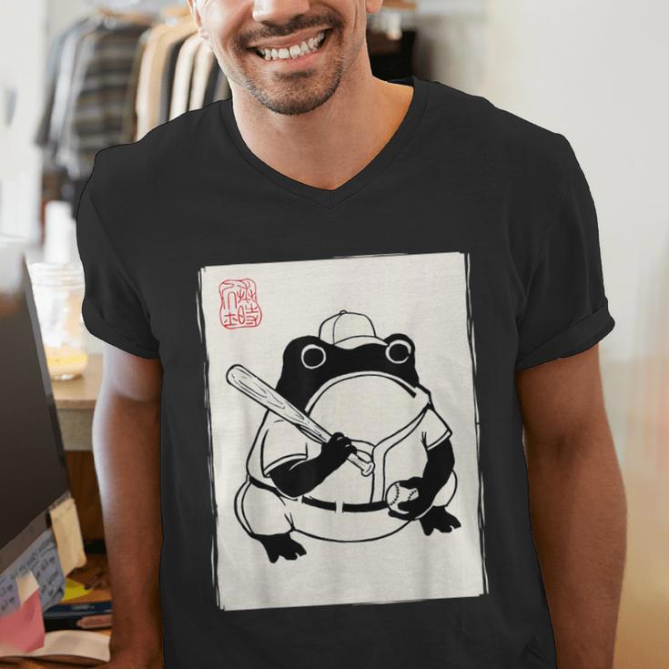 Japanese Grumpy Frog Baseball Player Baseball Men's V-Neck T-Shirt Japanese Grumpy Frog Baseball Player Baseball Men's V-Neck T-Shirt