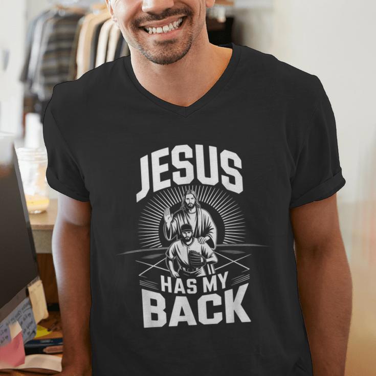 Jesus Has My Back Baseball Faith Motivation Tee Christian Men's V-Neck T-Shirt
