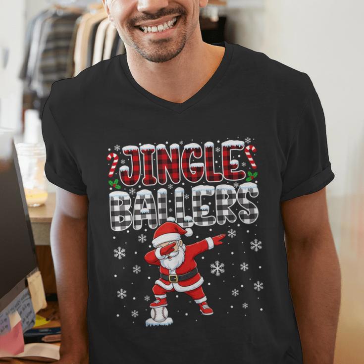Jingle Ballers Plaid Santa Dabbing Baseball Christmas Men's V-Neck T-Shirt