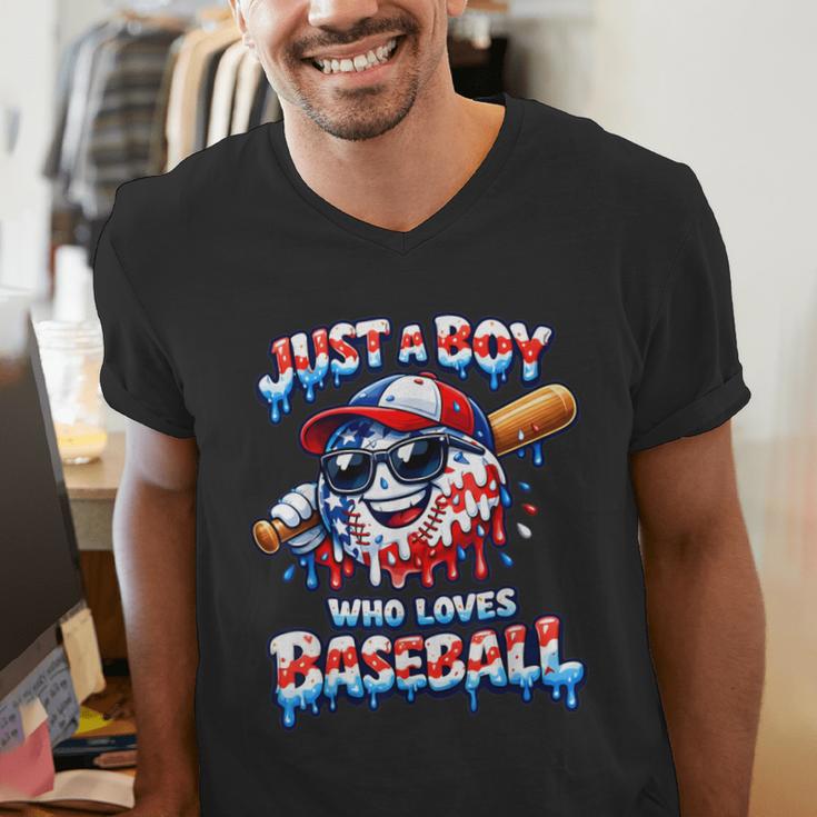 Just A Boy Who Loves Baseball Patriotic Drip For Youth Boys Men's V-Neck T-Shirt Just A Boy Who Loves Baseball Patriotic Drip For Youth Boys Men's V-Neck T-Shirt