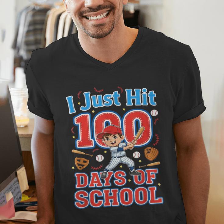 I Just Hit 100 Days Of School Baseball 100th Day Boys Kids Men's V-Neck T-Shirt I Just Hit 100 Days Of School Baseball 100th Day Boys Kids Men's V-Neck T-Shirt