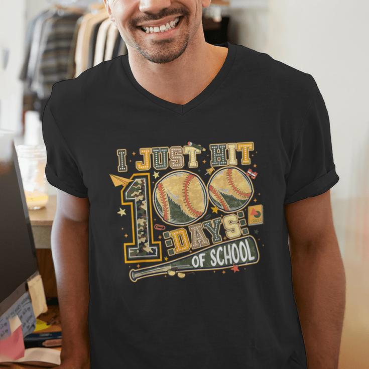 I Just Hit 100 Days Of School Baseball Teacher Student Retro Men's V-Neck T-Shirt I Just Hit 100 Days Of School Baseball Teacher Student Retro Men's V-Neck T-Shirt