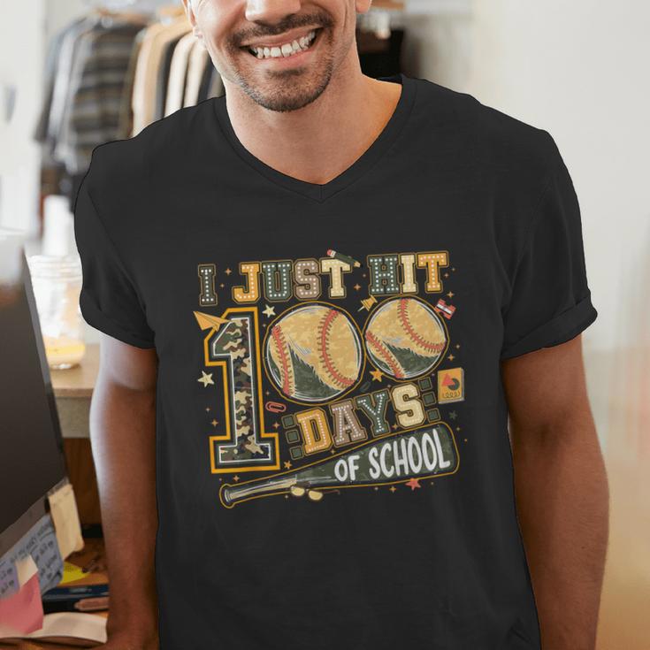 I Just Hit 100 Days Of School Camo Baseball Boy Kids Teacher Men's V-Neck T-Shirt