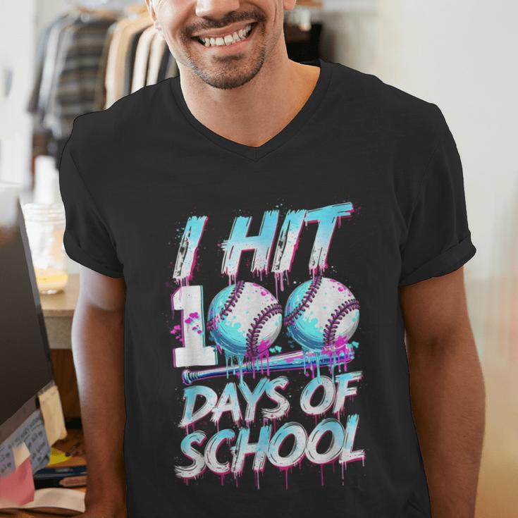 Kids 100 Days Of School 100th Day Baseball Ice Cream Drip Men's V-Neck T-Shirt Kids 100 Days Of School 100th Day Baseball Ice Cream Drip Men's V-Neck T-Shirt