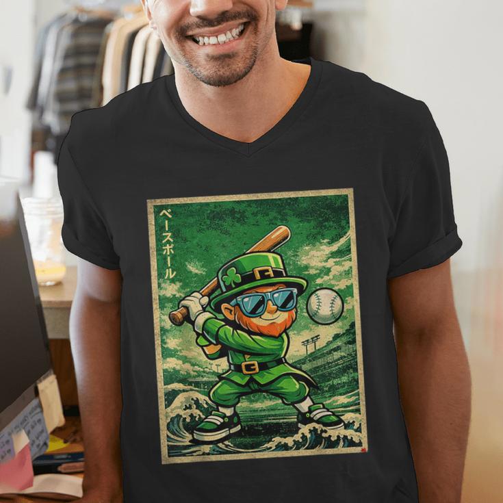 Leprechaun Playing Baseball Japanese Art St Patricks Day Men's V-Neck T-Shirt Leprechaun Playing Baseball Japanese Art St Patricks Day Men's V-Neck T-Shirt