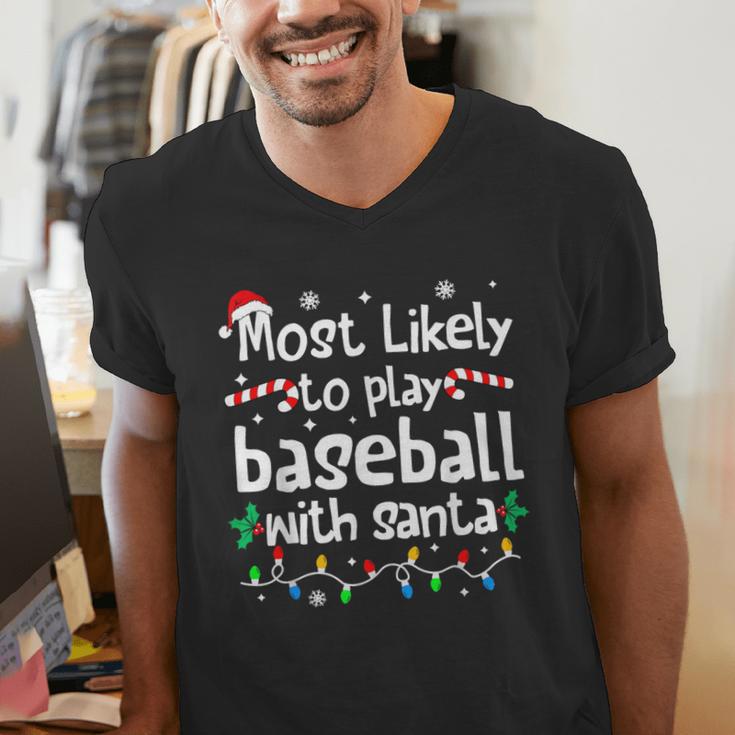 Most Likely To Play Baseball With Santa Christmas Matching Men's V-Neck T-Shirt Most Likely To Play Baseball With Santa Christmas Matching Men's V-Neck T-Shirt