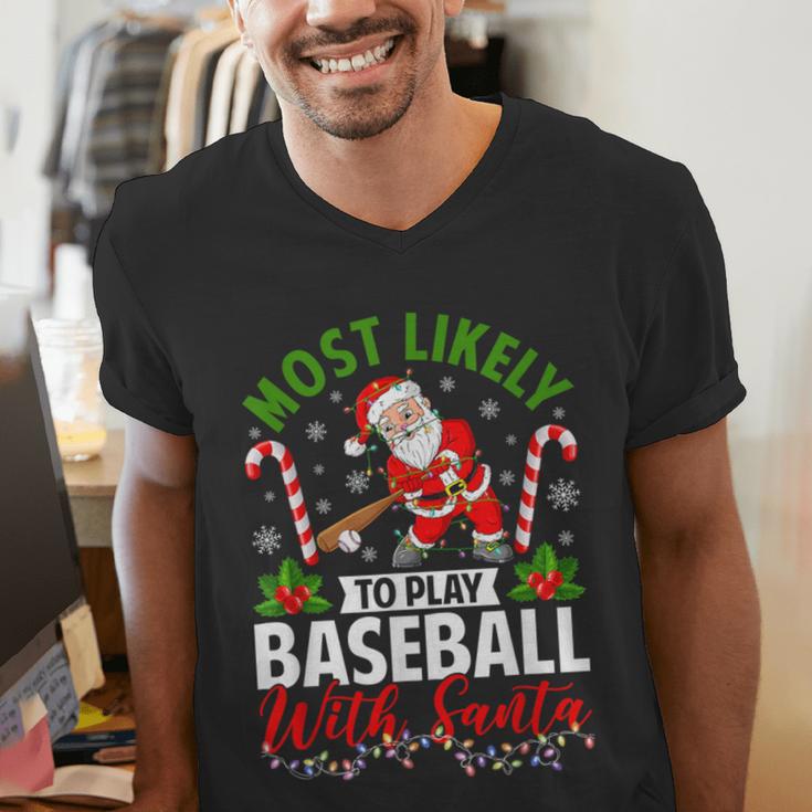 Most Likely To Play Baseball With Santa Christmas Pajamas Men's V-Neck T-Shirt